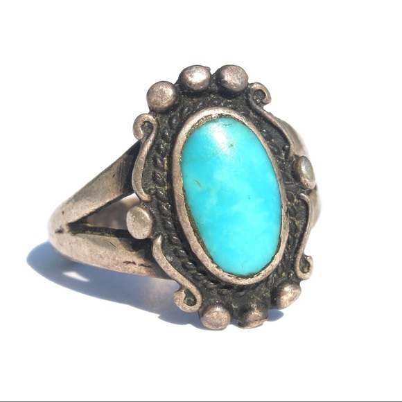 Vintage Turquoise Shadowbox Sterling Silver Ring 6 - Picture 2 of 6